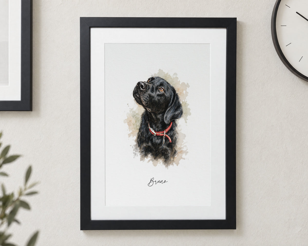 Personalised Pet Portrait From Your Photo, Watercolour Dog Print, Custom Pet Wall Art, Pet Lover Gift, Dog Owner Gift, Black Framed Print