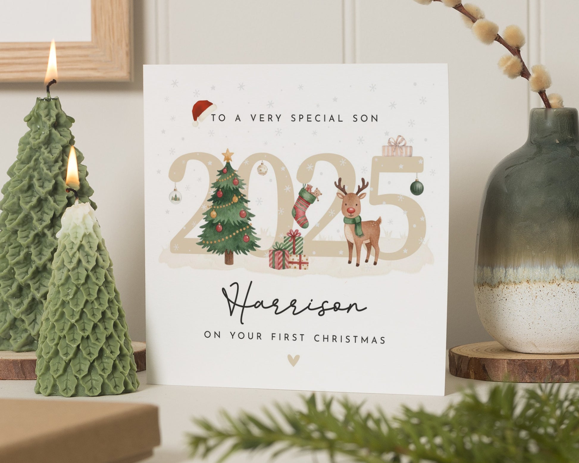 First Christmas Card for Son, Personalised Son Christmas Card, 2023 Christmas Card for Boy, Reindeer Christmas Card, Baby Boy Christmas
