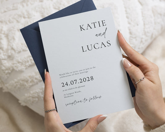 Powder Blue Wedding Invitations with Slate Blue Envelopes, Minimalist Typography Wedding Invites, Elegant Custom Invitation Suite