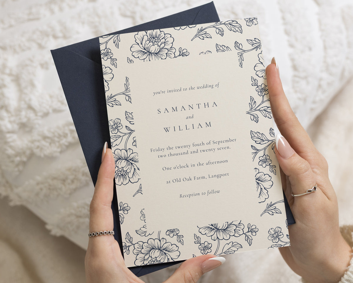 Ivory Floral Wedding Invitations with Navy Envelopes, Botanical Wedding Invites, Elegant Garden Wedding Stationery, Personalised Invites