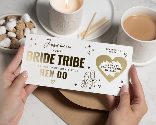 Personalised Hen Do Invitation, Bride Tribe Spa Day Gift, Scratch To Reveal, Luxury Spa Weekend Gift Voucher, Custom Party Invite