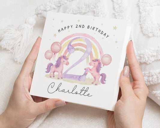 2nd Birthday Card for Girl, Personalised Unicorn Birthday Card, Birthday Card for Daughter, Granddaughter, Niece, Cute Rainbow Card