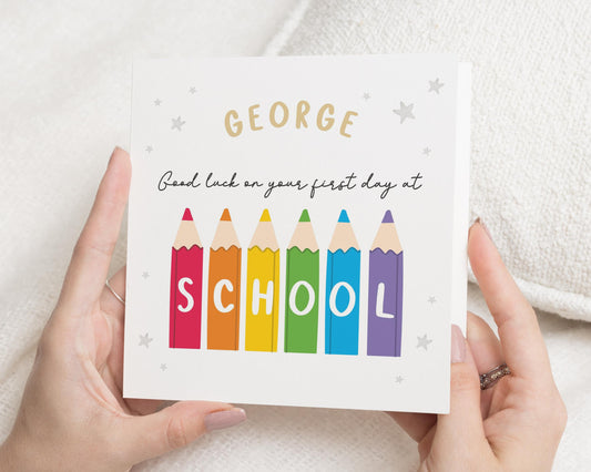 First Day At School Card, Good Luck Card For Boy Or Girl, Personalised School Card, Rainbow Pencil Card, Back To School Card