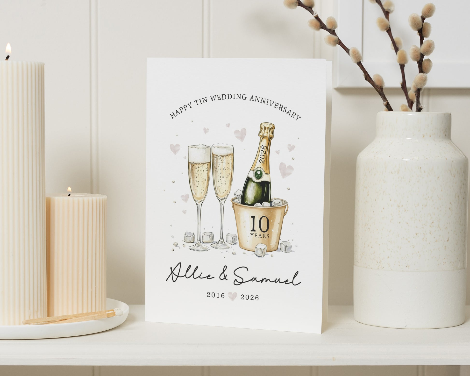 10th Wedding Anniversary Card, Tin Anniversary Card, Personalised Anniversary Card, 10 Years Married Card, Champagne Card for Couple