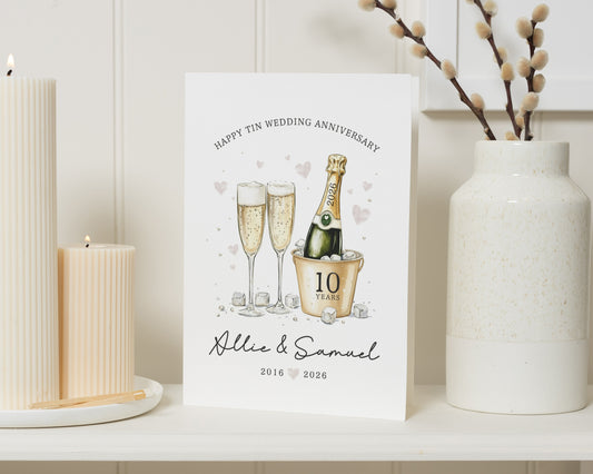 10th Wedding Anniversary Card, Tin Anniversary Card, Personalised Anniversary Card, 10 Years Married Card, Champagne Card for Couple