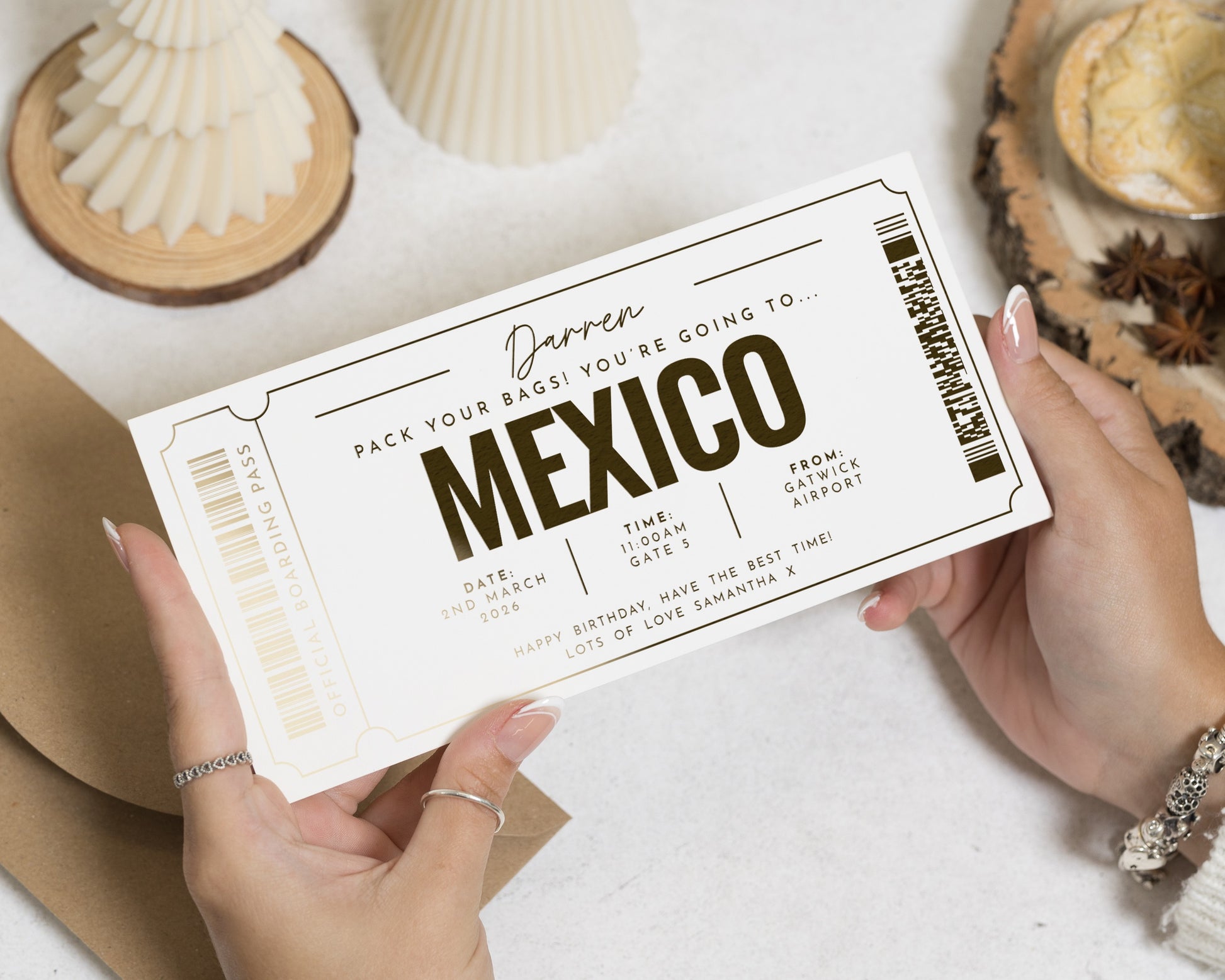 Personalised Holiday Reveal Ticket, Mexico Gift Voucher, Gold Foil Boarding Pass, Scratch To Reveal, Birthday Gift For Him Or Her
