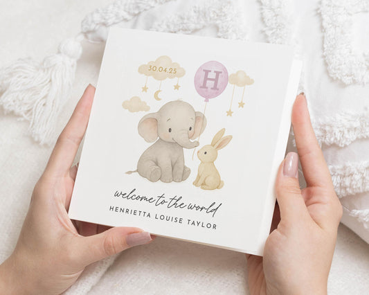 New Baby Card, Personalised Baby Card, Welcome To The World Card, Baby Girl Card, Baby Boy Card, Elephant Bunny Card, Cute Animal Card