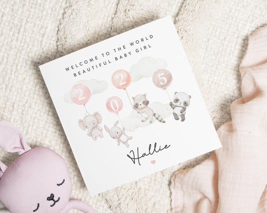 New Baby Girl Card, Personalised Baby Card, Welcome to the World Card, Animal Baby Card, Baby Girl Congratulations Card, 2025 Baby Card