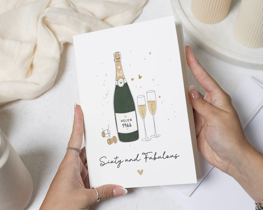 60th Birthday Card for Her, Personalised 60th Birthday Card, Sixty Birthday Card for Mum, Friend, Champagne Birthday Card for Women