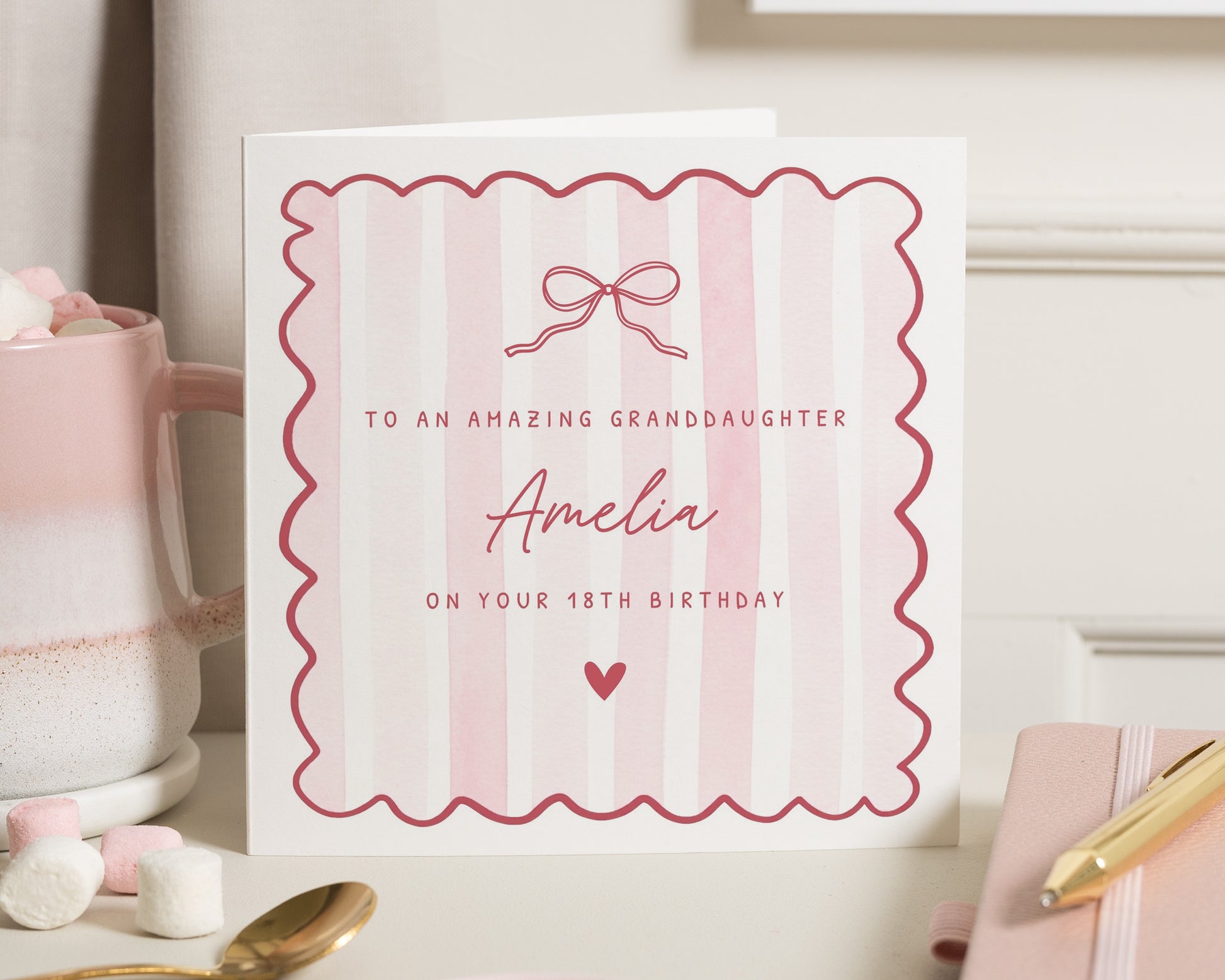 Personalised 18th Birthday Card for Granddaughter, Granddaughter Birthday Card, 18th Birthday Card for Her, Pink Bow Birthday Card