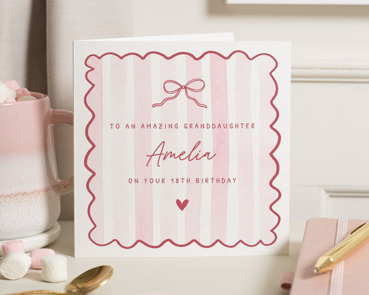 Personalised 18th Birthday Card for Granddaughter, Granddaughter Birthday Card, 18th Birthday Card for Her, Pink Bow Birthday Card