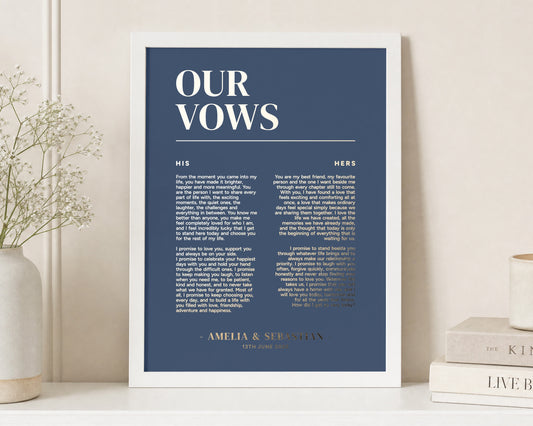 Personalised Gold Foil Wedding Vows Print, Slate Blue Wall Art, His and Hers Vows, Wedding Gift, Anniversary Gift, Gift for Couple