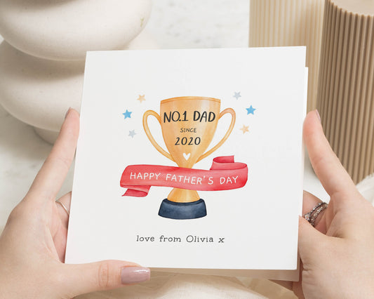 Personalised Fathers Day Card for Dad, No 1 Dad Card, Fathers Day Card from Daughter or Son, Daddy Papa Card, Trophy Dad Card