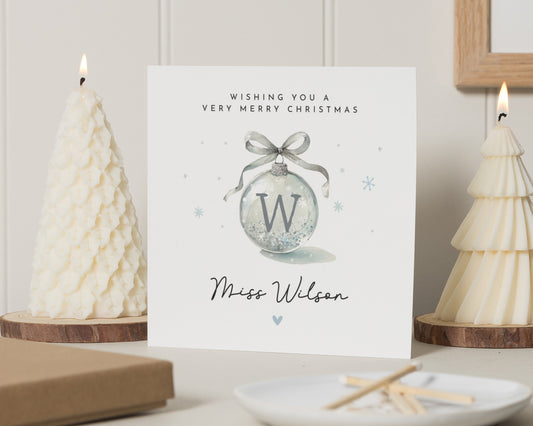 Personalised Christmas Card, Christmas Card for Teacher, Merry Christmas Card, Christmas Card for Her, Custom Initial Card