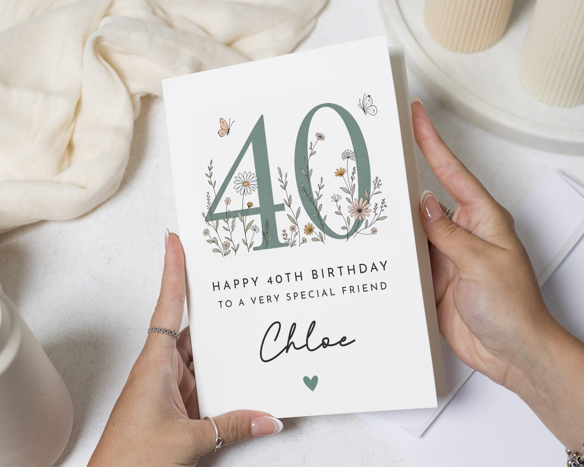 40th Birthday Card for Friend, Personalised Birthday Card, Floral Birthday Card for Her, Best Friend Birthday Card, 40th Card for Women