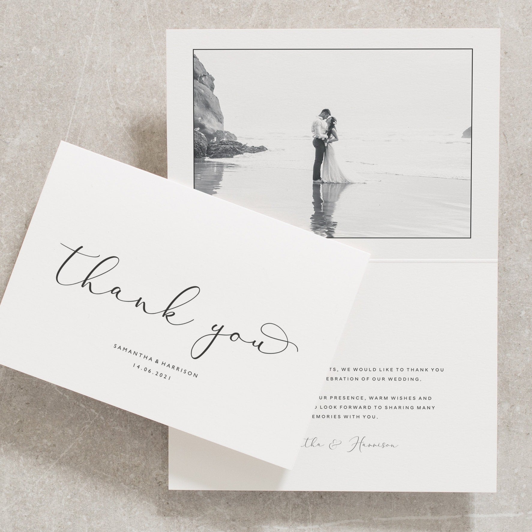 Script Thank You Cards with Photo, Wedding Thank You Cards with Envelopes, Black and White Thank You Notes, Simple Calligraphy &#39;Samantha&#39;