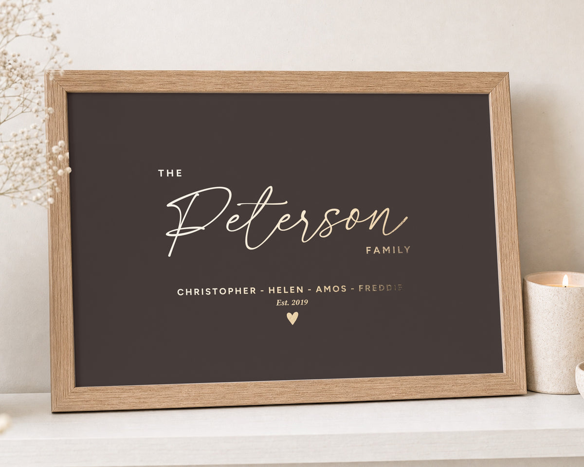 Personalised Gold Foil Family Name Print, Chocolate Brown Wall Art, Family Gift, New Home Gift, Living Room Framed Print
