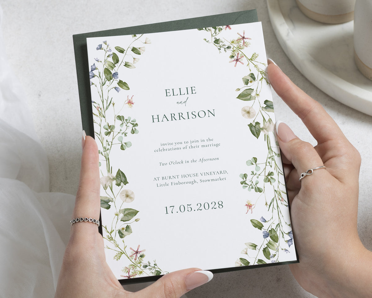 Botanical Wedding Invitations, Wildflower Wedding Invite, Sage Green Garden Wedding Stationery, Personalised Wedding Invitation Suite