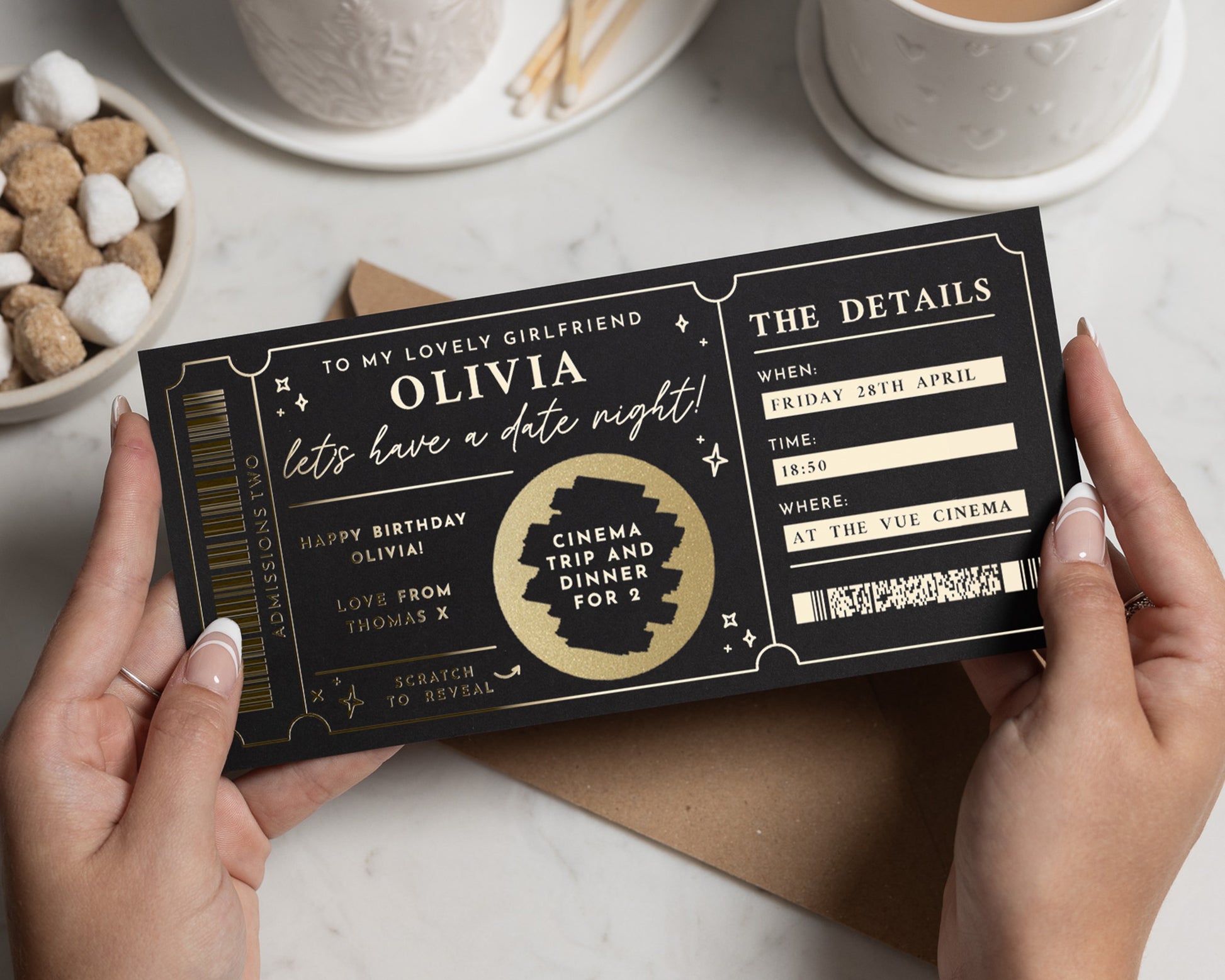 Personalised Cinema Date Night Gift Voucher, Gold Foil Scratch To Reveal, Gift For Girlfriend, Birthday Present, Custom Experience Ticket