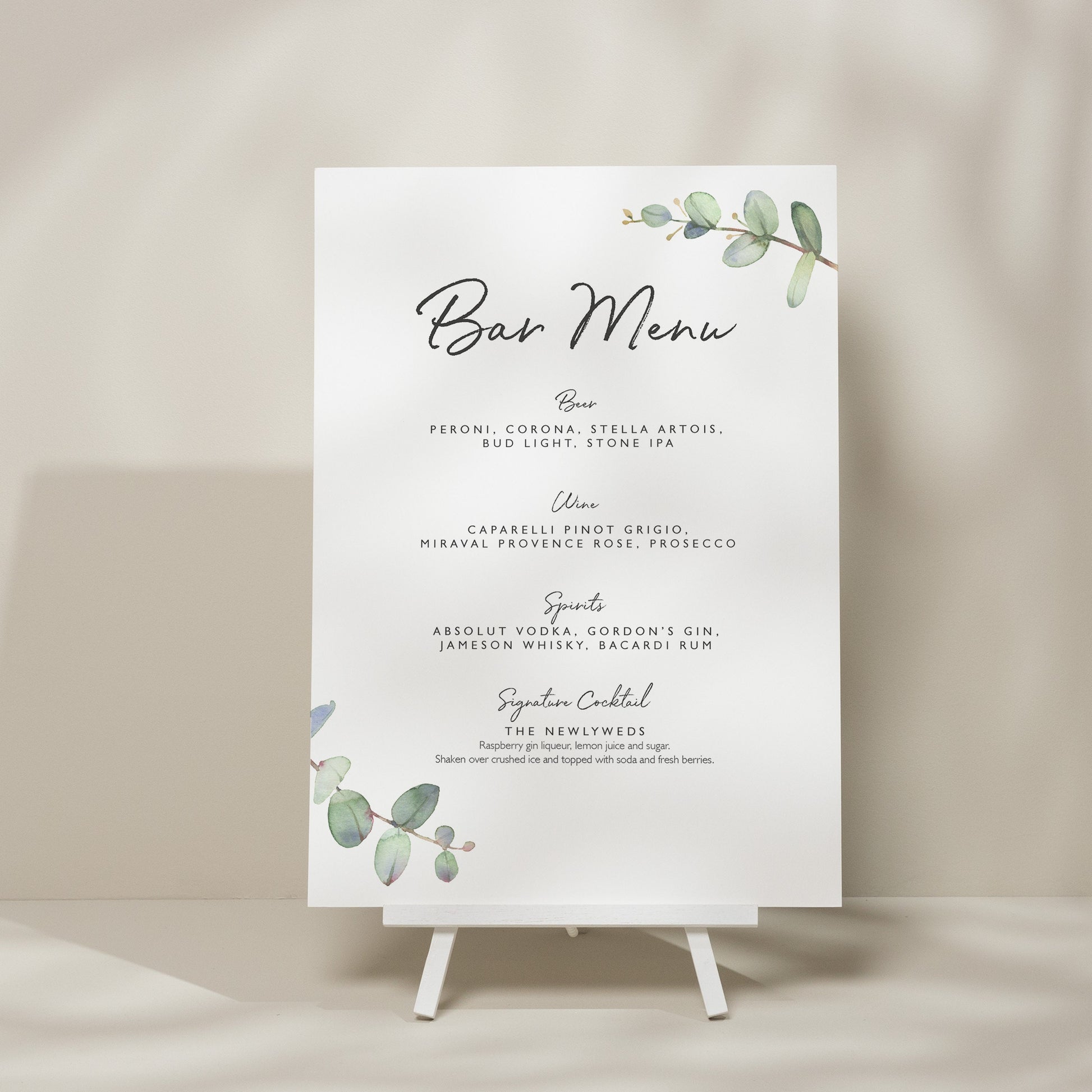 Greenery Wedding Bar Menu Sign, Drinks Menu Sign, Eucalyptus Wedding Sign, Wedding Drink Sign, Personalised Modern Wedding Sign &#39;Aisyah&#39;