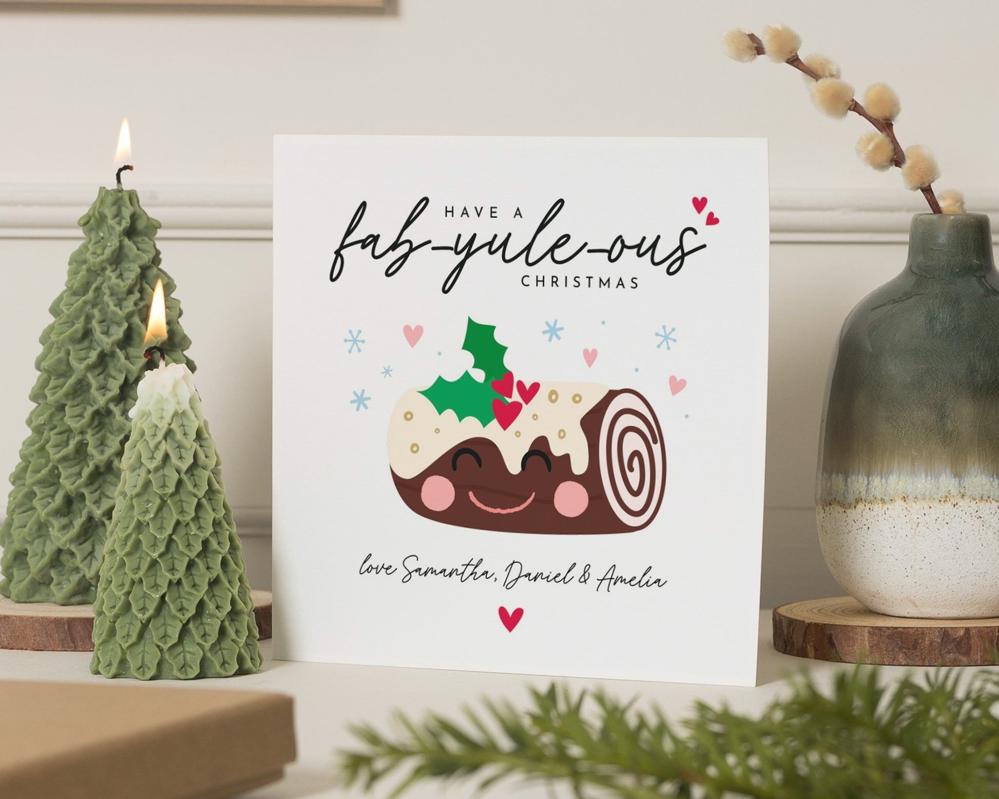 Personalised Christmas Card, Fab Yule Log Christmas Card, Square, Cute Christmas Card, Custom Name, Family Christmas Card