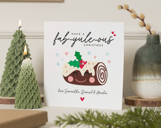 Personalised Christmas Card, Fab Yule Log Christmas Card, Square, Cute Christmas Card, Custom Name, Family Christmas Card