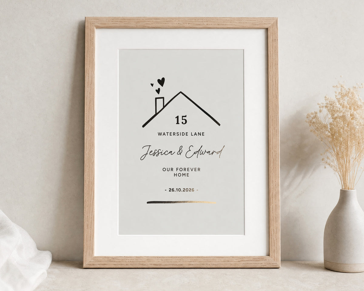 Personalised Gold Foil New Home Print, Ivory Wall Art, First Home Gift for Couple, Custom Address Print, Oak Framed Wall Art