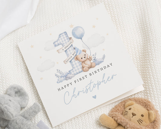 1st Birthday Card for Boy, First Birthday Card, Personalised 1st Birthday Card, Birthday Card for Son, Grandson, Nephew, Teddy Bear Card