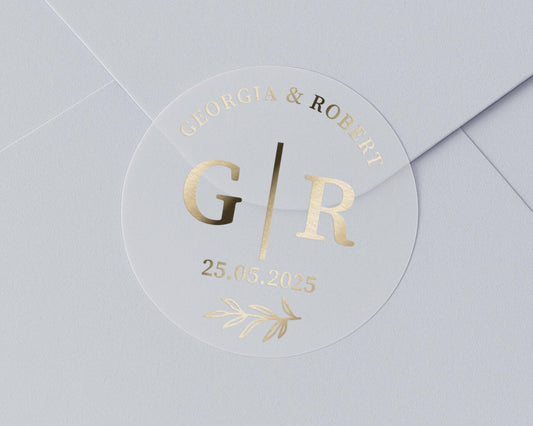 Wedding Envelope Seal, Personalised Wedding Sticker, Gold Foil Initials, Custom Wedding Date Sticker, Monogram Wedding Label
