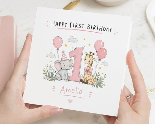 Personalised 1st Birthday Card, First Birthday Card for Girl, 1st Birthday Card for Daughter, Safari Birthday Card, Giraffe Card, Cute Card