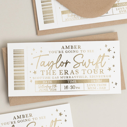 Personalised Gold Foil Scratch Gift Voucher, Taylor Swift Gig Ticket Gift Voucher, Scratch Reveal Gift, Scratch To Reveal, Gig Ticket