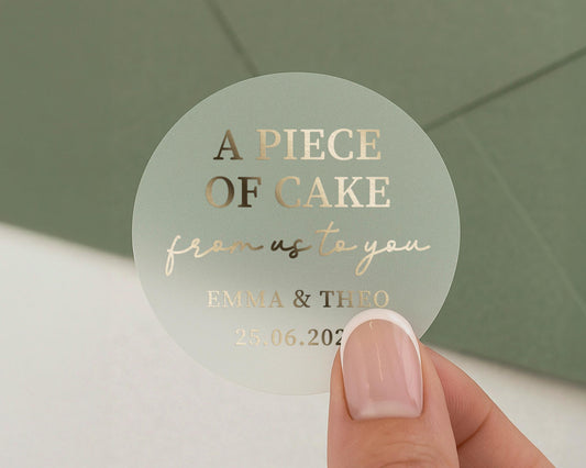 Personalised Wedding Sticker, A Piece Of Cake Sticker, Wedding Favour Label, Custom Wedding Sticker, Gold Foil Wedding Label