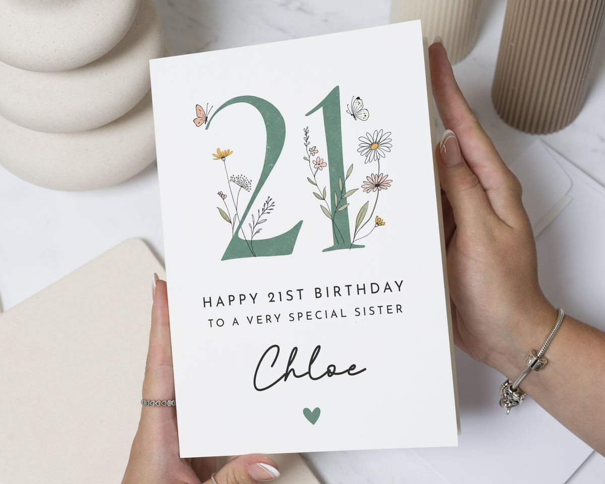 21st Birthday Card for Sister, Sister 21st Birthday Card, Personalised Birthday Card for Her, Floral 21st Birthday Cards