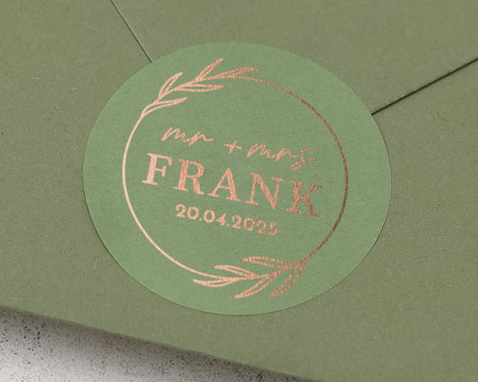 Personalised Wedding Sticker, Custom Foil Envelope Seal, Mr And Mrs Wedding Label, Green And Rose Gold Wedding Sticker