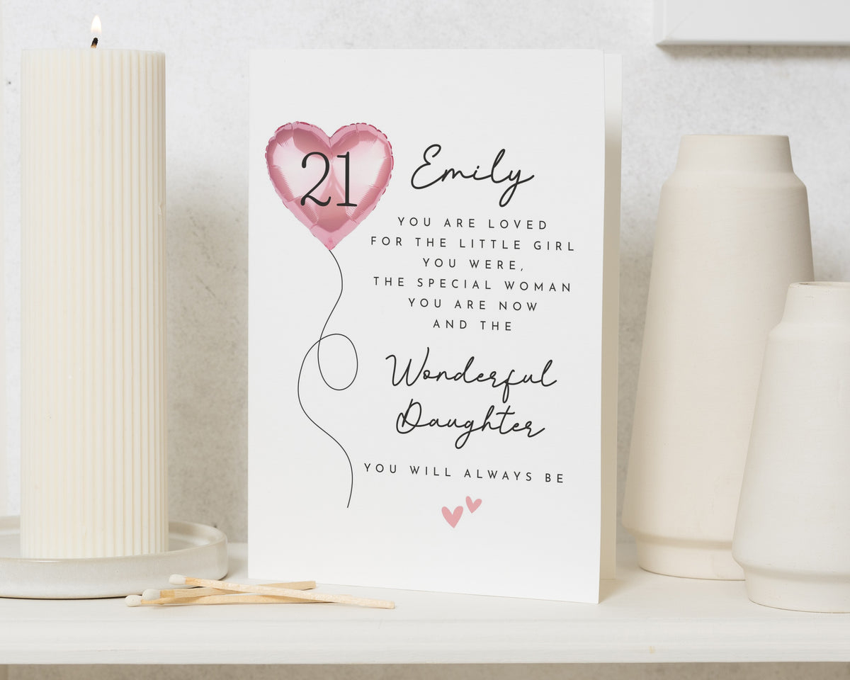21st Birthday Card for Daughter, Personalised Daughter Birthday Card, 21 Birthday Card for Her, Special Daughter Card, Pink Heart Balloon