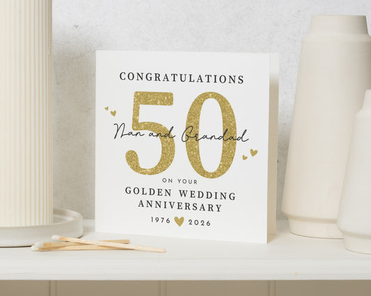 Golden Wedding Anniversary Card, 50th Anniversary Card for Nan and Grandad, Personalised Anniversary Card, Gold Effect Anniversary Card
