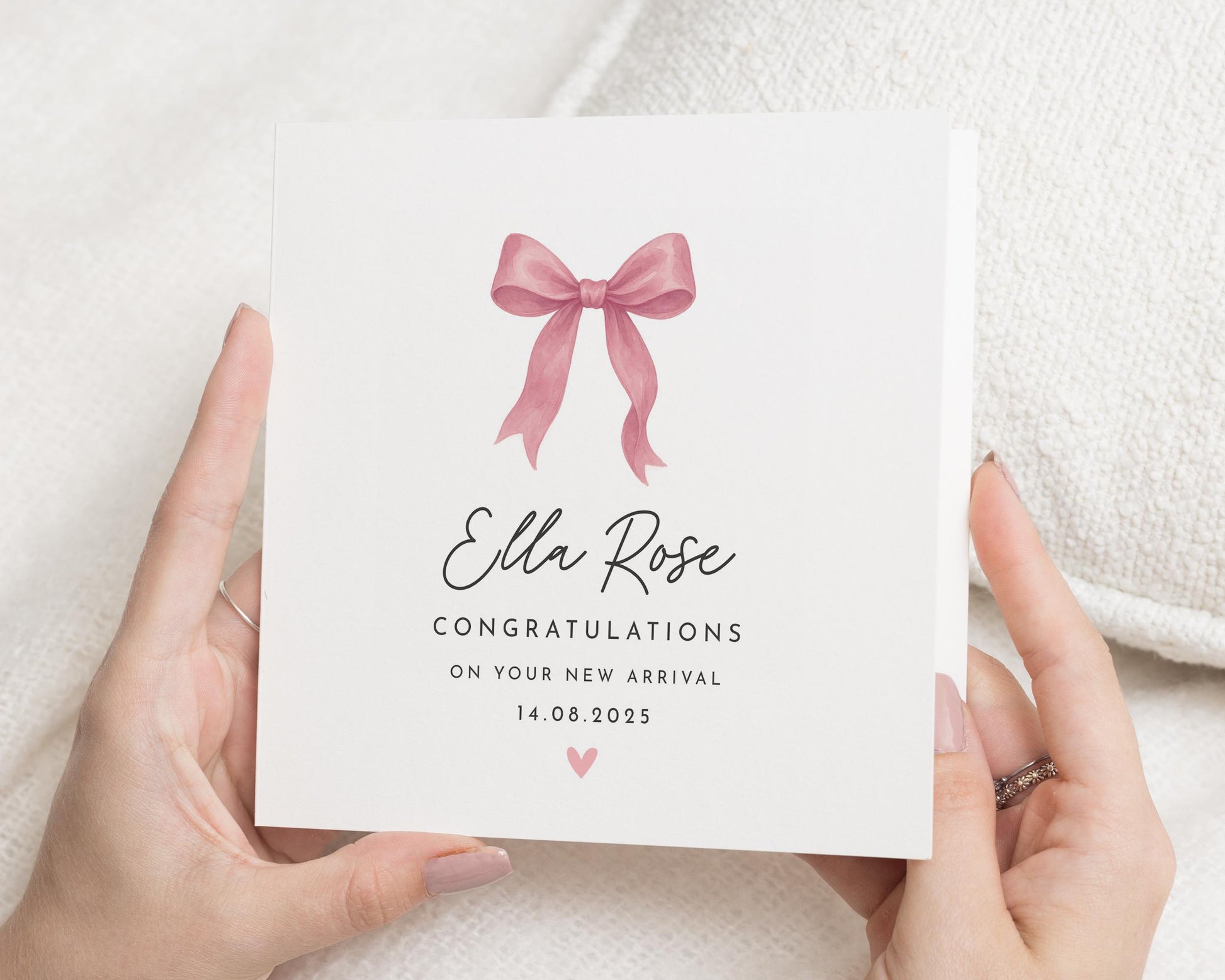 New Baby Card, Personalised Baby Girl Card, Congratulations Card, Baby Arrival Card, Custom Name Card, Pink Bow Card, Newborn Card