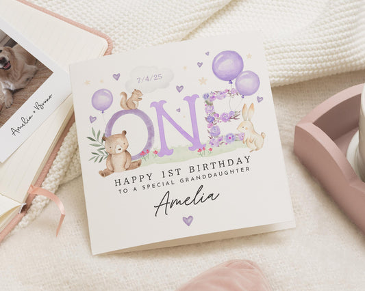 1st Birthday Card for Granddaughter, Personalised First Birthday Card, Bunny Bear Birthday Card, Special Granddaughter Birthday Card