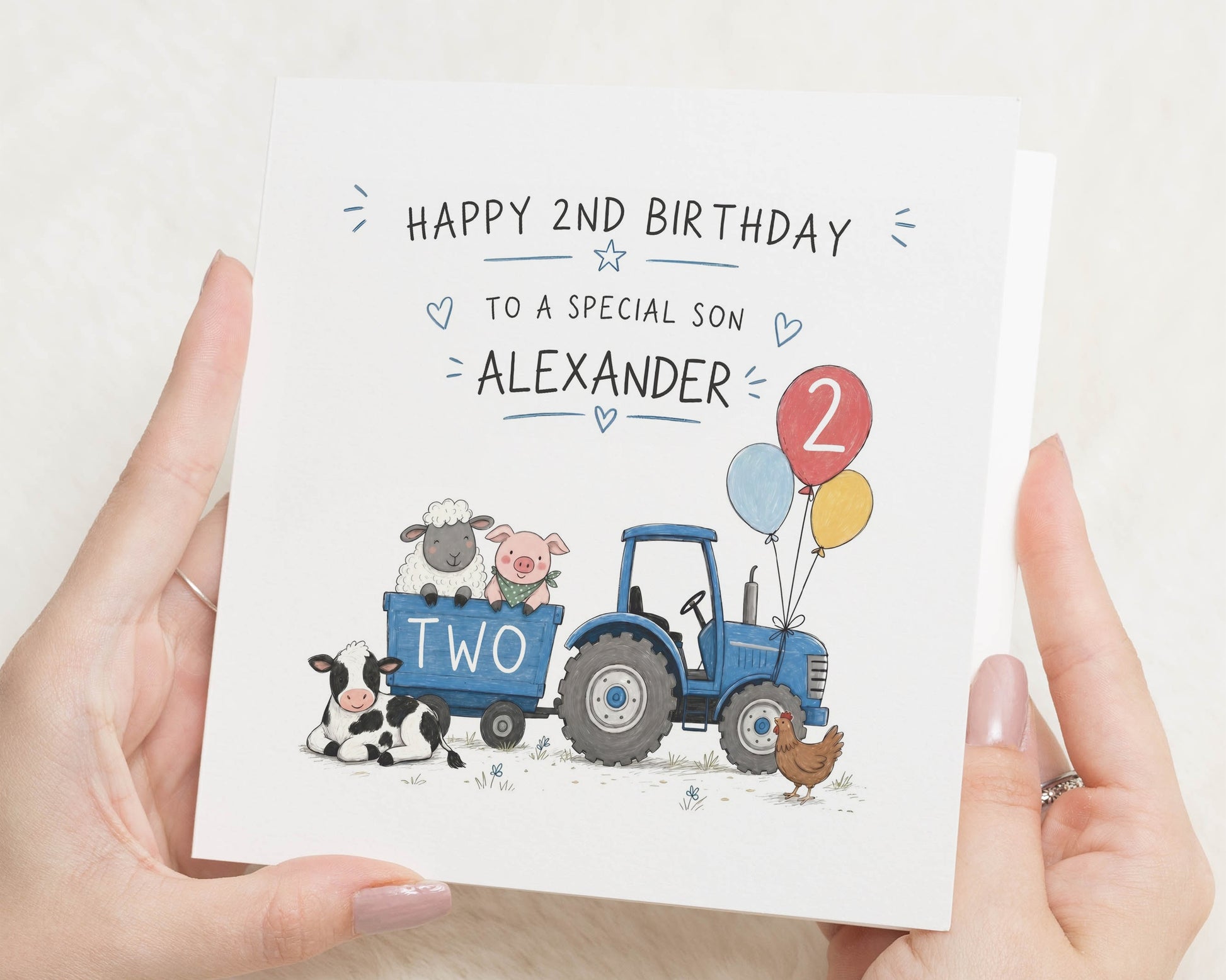 2nd Birthday Card for Son, Second Birthday Card for Boy, Personalised Birthday Card, Tractor Birthday Card, Farm Animal Birthday Card