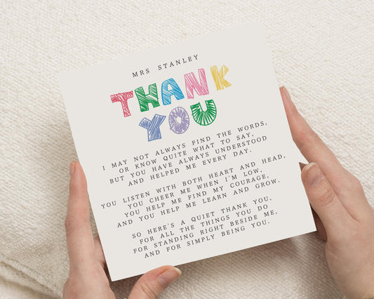 Thank You Card for Teacher, Personalised Teacher Thank You Card, Poem Thank You Card, End of Term Card, Thank You Card for Her