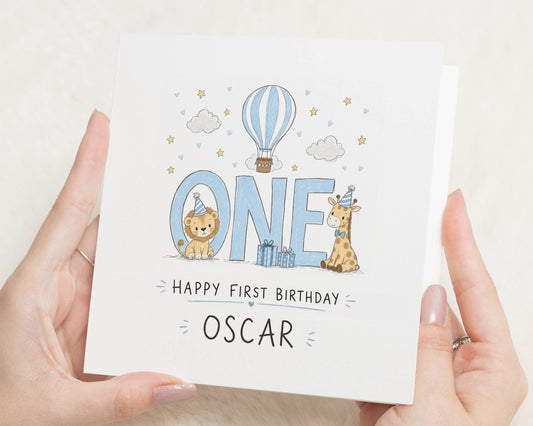 Personalised 1st Birthday Card, First Birthday Card for Boy, Safari Birthday Card, Cute Jungle Animal Birthday Card, One Today Card