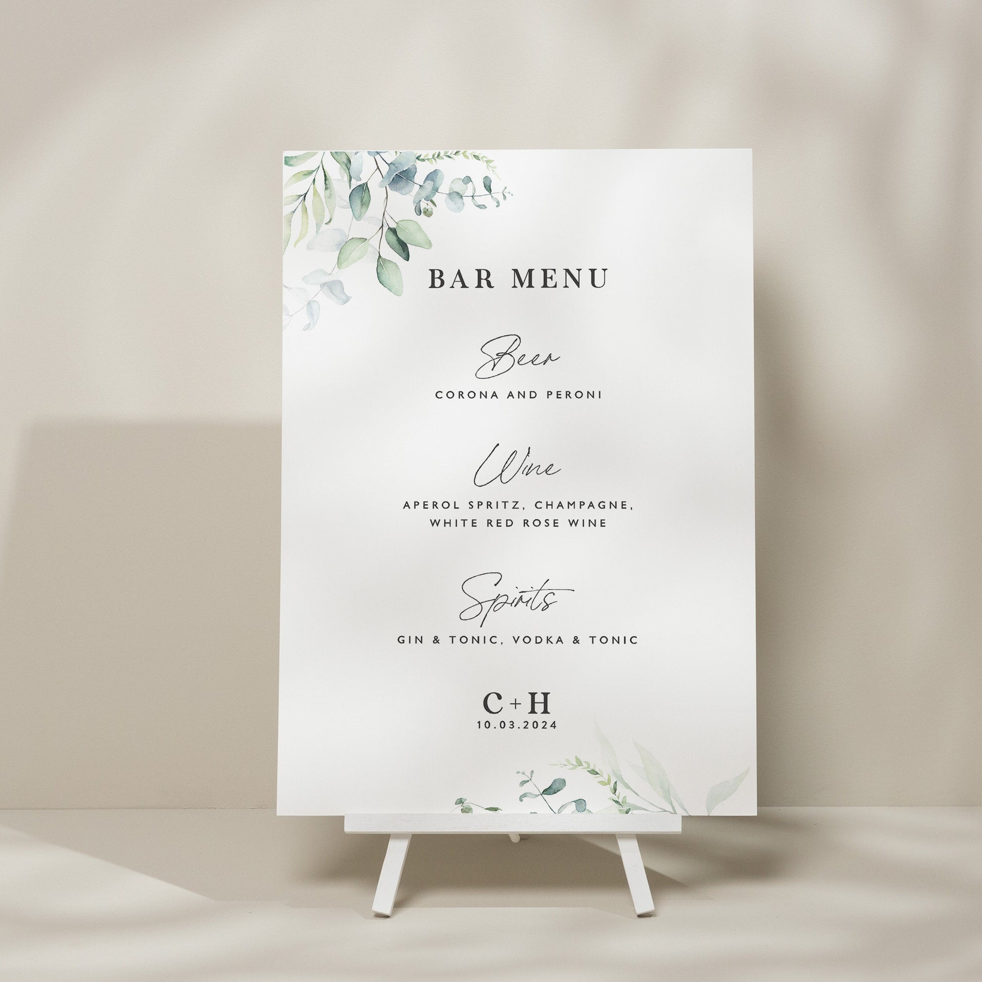 Custom Greenery Drinks Menu Wedding Sign, Botanical Bar Menu Wedding Sign, Minimalist Wedding Design, Eucalyptus Wedding Signage &#39;Charlotte&#39;