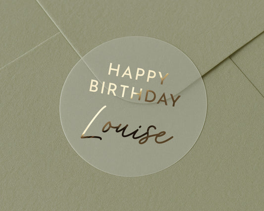 Happy Birthday Sticker, Personalised Birthday Sticker, Birthday Envelope Seal, Gold Foil Birthday Label, Custom Name Birthday Sticker