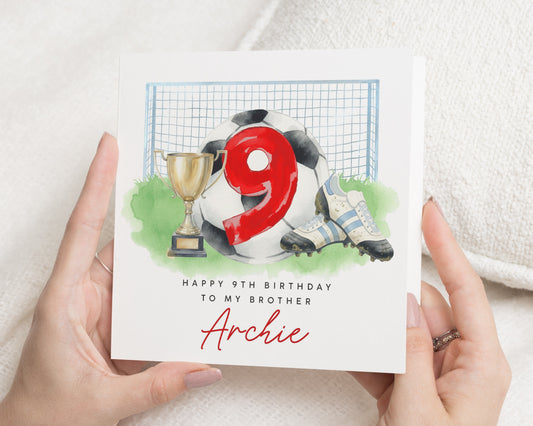 9th Birthday Card for Brother, Football Birthday Card, Personalised Card for Boy, Sports Birthday Card, Trophy Card for Son