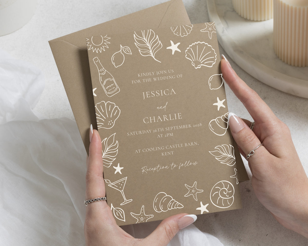 Beach Destination Wedding Invitations, Warm Taupe Invites with Matching Envelopes, Coastal Shell Personalised Invitation Suite