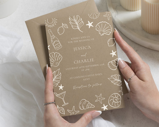 Beach Destination Wedding Invitations, Warm Taupe Invites with Matching Envelopes, Coastal Shell Personalised Invitation Suite