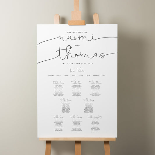 A1 Wedding Table Plan, Personalised Black and White Seating Plan, Find Your Seat Sign, Minimalist Plan, Modern Wedding Décor A1 &#39;Naomi&#39;