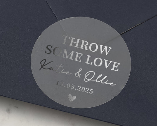 Wedding Confetti Sticker, Personalised Wedding Sticker, Throw Some Love Sticker, Silver Foil Wedding Label, Custom Wedding Envelope Seal