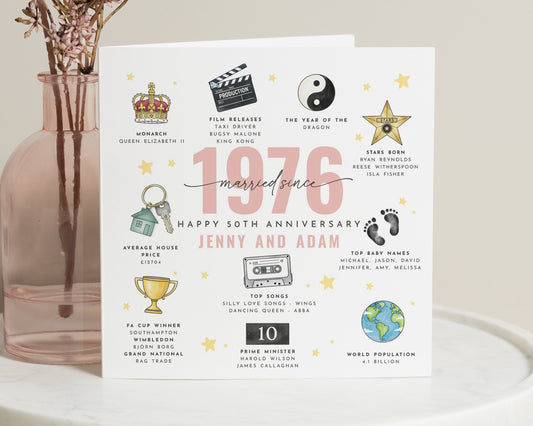 50th Anniversary Card, Personalised Married Since 1976 Card, Golden Anniversary Card, Custom Wedding Anniversary Card, Couple Card