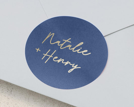 Personalised Wedding Sticker, Custom Name Sticker, Gold Foil Wedding Label, Envelope Seal, Blue Wedding Sticker, Couple Name Sticker